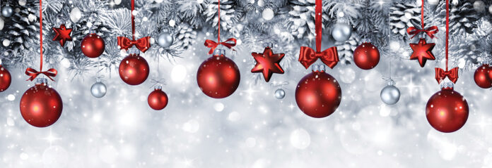 Christmas Balls Hanging With Snowy Fir branches